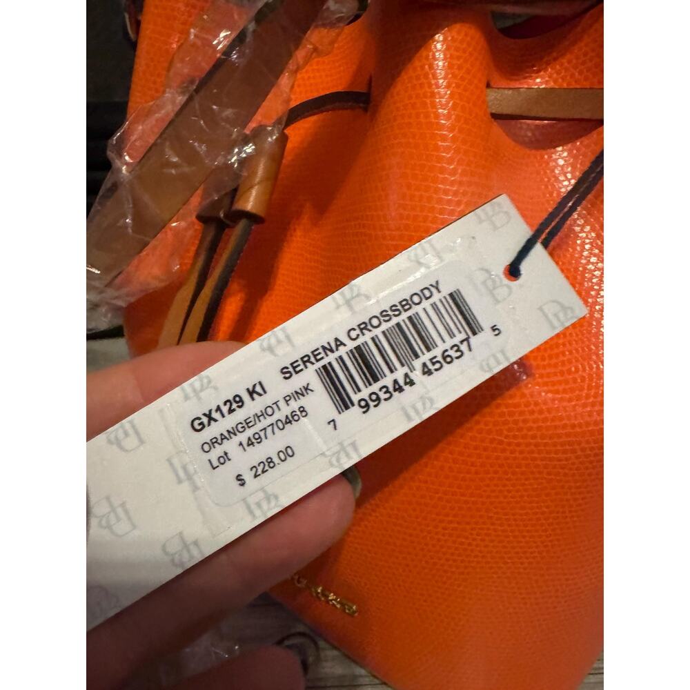 NWT Dooney Bourke Serena Embossed Leather orange pink drawstring bucket purse - Picture 2 of 13